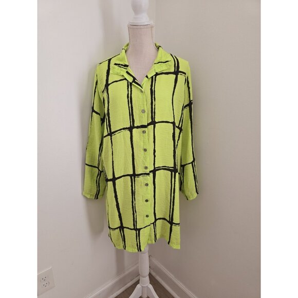 John Mark Abstract Neon Green Black Collared Roll Tab Tunic Blouse Top Shirt XL - Picture 1 of 12